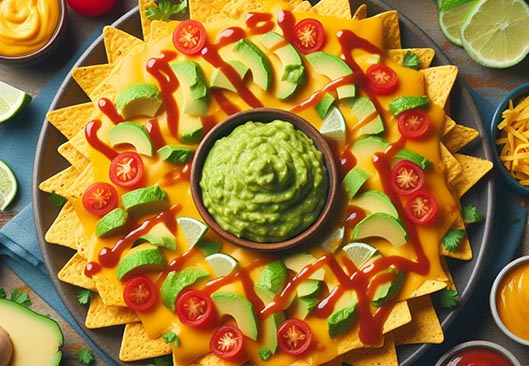 nachos con queso y salsa guacamole